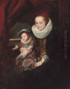 Portrait of a woman and child, small three-quarter-length, in an interior