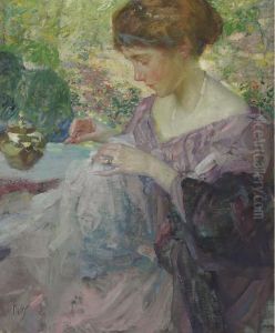 Young Woman Sewing by Richard Emile Miller