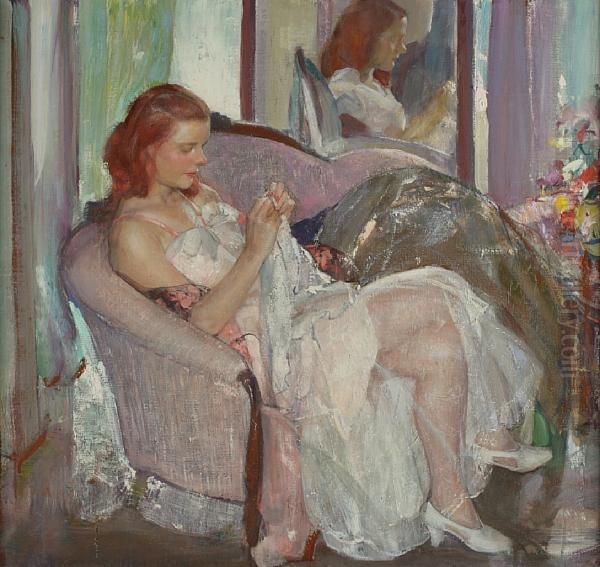 Young Lady Sewing - view 1