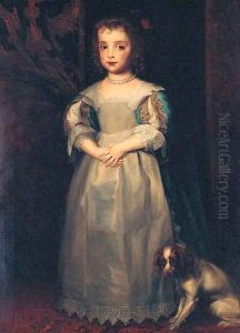 Portrait of Princess Mary, full-length, in a blue and white dress and pearl necklace, a King Charles spaniel at her feet