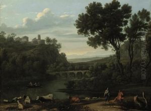 A Wooded River Landscape With Shepherds And Rowers On A Boat, Acastle Beyond by Francisque Millet