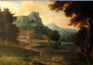 Arcadic Landscape With Fortress And Herdsmen by Francisque Millet