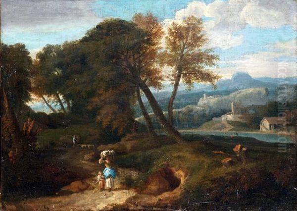 Sudliche Bewaldete Flusslandschaft Mit Mutter Und Kind Auf Einem Weg - view 1