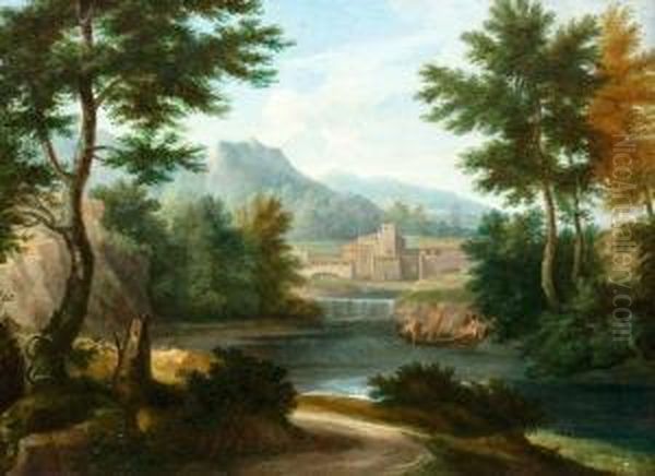 Klassische Landschaft Mit Fischern Auf Einem See Und Gehoft Im Hintergrund - view 1