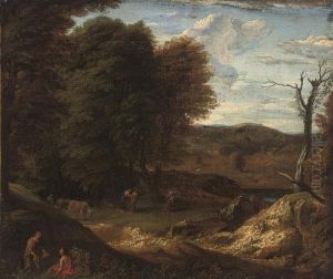 A Wooded River Landscape With Classical Figures by Francisque Millet