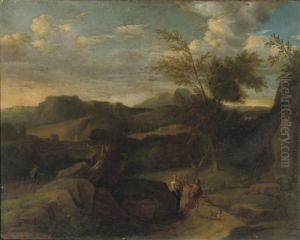 An Italiante Landscape With Travellers On A Track, Beyond A Walled Town