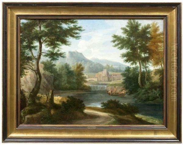 Klassische Landschaft Mit Fischern Auf Einem See Und Gehoft Im Hintergrund - view 1