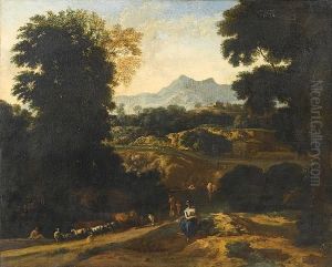 A Wooded River Landscape With 
Figures Bathing And A Drover With His Flock On A Path Nearby