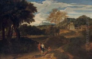 A Mountainous Landscape With 
Travellers Conversing With A Beggar, A Shepherd With His Flock And A 
Villa Beyond