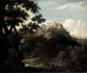 A Wooded Mountainous Landscape With Travellers On A Track, A Villa Beyond