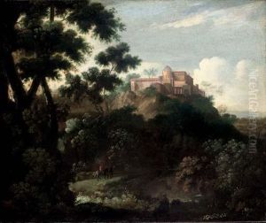 A Wooded Mountainous Landscape With Travellers On A Track