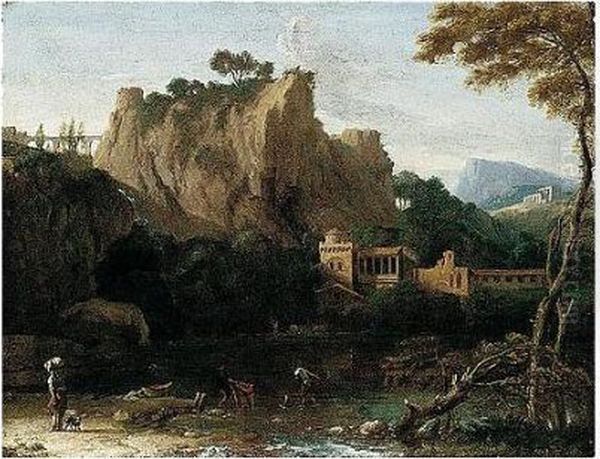 A Classical Landscape With Figures Beside A Lake by Francisque Millet