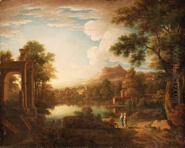 A Classical Landscape With Two 
Women Greeting A Seated Traveller Seated By A Riverside Path - view 1