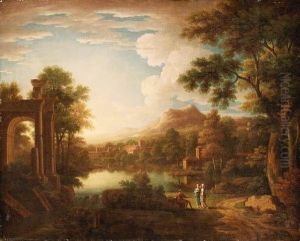 A Classical Landscape With Two 
Women Greeting A Seated Traveller Seated By A Riverside Path