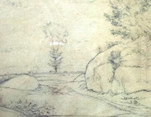 Rural Landscape; Pencil, Signed, 18x23cm by Jean-Francois Millet