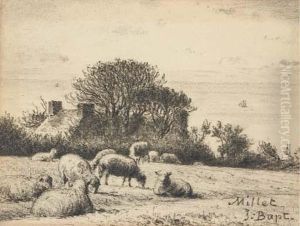 Des Moutons Dans Un Pre, Une Chaumiere Au Fond by Jean-Francois Millet