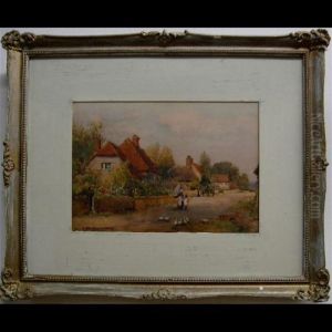 Thatched Cottages With Figures And Ducks by James W. Milliken