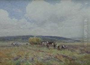 "the Hayfield And Lyddairt", 
Landscape With Figures Working Withhorse Drawn Cart And Hill Rising 
Beyond, Watercolour, Signed, 17 X25 Cm