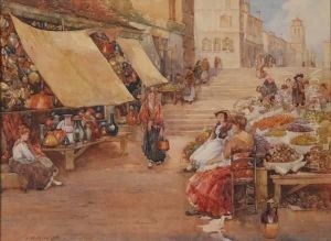 Women In Market Place With Fruit Baskets by James W. Milliken