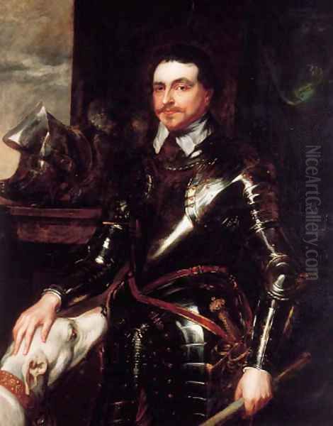 Portrait of Thomas Wentworth, 1st Earl of Strafford (1593-1641), three-quarter-length, in armour, holding a baton in his left hand, a dog at his side - view 1