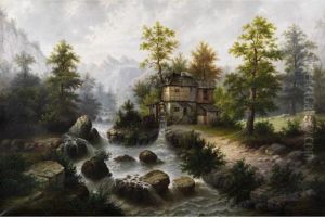 Gebirgslandschaft Mit Einer Muhle An Einem Rauschenden Gebirgsbach by Karl Millner