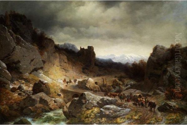 Hochgebirgslandschaft Mit Alpenpassstrasse Und Ziehenden Bauern Mit Vieh Und Karren - view 1
