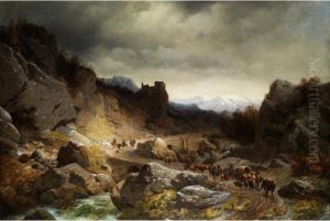 Hochgebirgslandschaft Mit Alpenpassstrasse Und Ziehenden Bauern Mit Vieh Und Karren