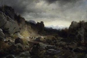In The High Mountains. Alp Farmers With Their Stock And A Waggon On The Descent.