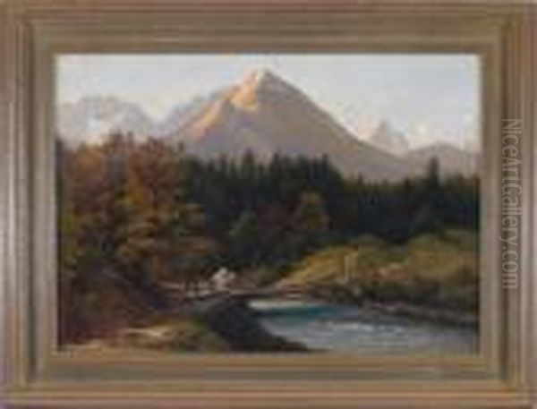 Blick Von Einem Bach Mitholzsteg Am Waldrand Ins Gebirge Im Morgenlicht - view 1