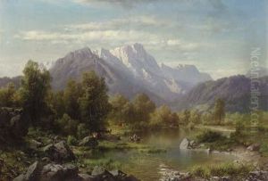 Mountain Landscape With Cattle Watering By A Lake by Karl Millner
