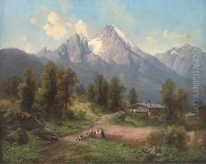 Harvesters In An Alpine Landscpe by Karl Millner