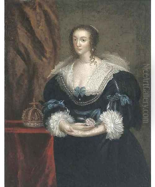 Portrait of Queen Henrietta Maria, small three-quarter-length, in a dark blue dress, holding a rose - view 1