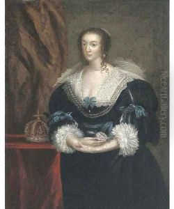 Portrait of Queen Henrietta Maria, small three-quarter-length, in a dark blue dress, holding a rose