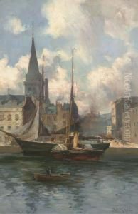 A Tug Boat And Row Boat Before A Sailing Ship by Joseph Milner