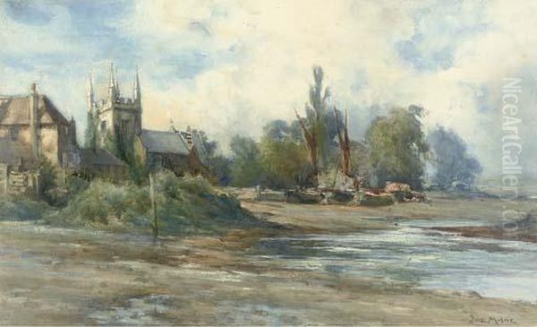 A Church Beside A River Bank At Low Tide - view 1