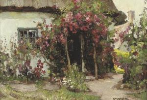 Figures Beside A Cottage; And A Cottage Garden In Bloom by William Watt Milne