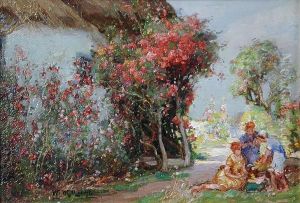 Cottage Gardens With Roses And Honeysuckle In Summer