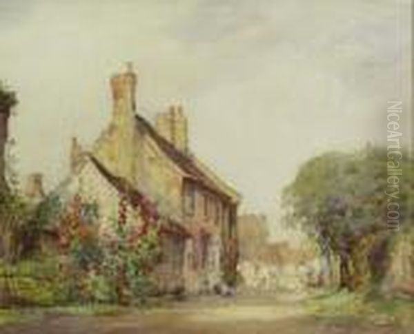 A Village Street With Figures And Hollyhocks - view 1