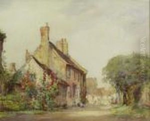A Village Street With Figures And Hollyhocks