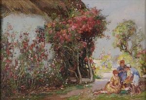 Figures In A Rose Garden, Thatched Cottage With Roses by William Watt Milne
