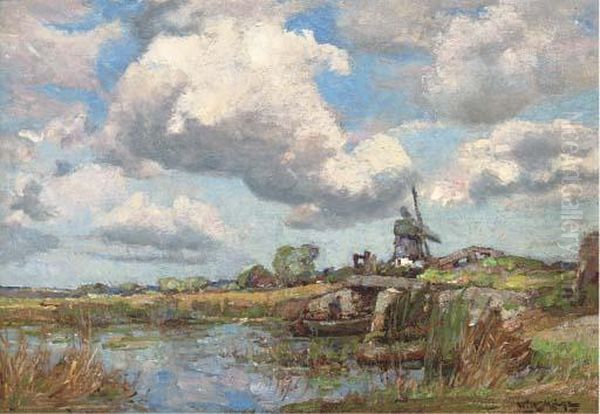 A Barge In A River Landscape, A Windmill Beyond - view 1