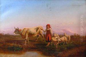 Contadina Con Mucca E Pecore by Antonio Milone