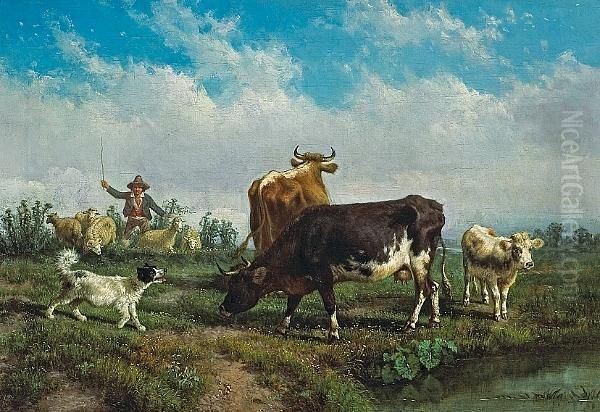 An Extensive Italianate
Landscape With A Younggirl With Her Farm Animals In The Foreground; Also
A Companionpainting (a Pair) - view 1