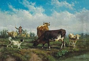 An Extensive Italianate
Landscape With A Younggirl With Her Farm Animals In The Foreground; Also
A Companionpainting (a Pair) by Antonio Milone