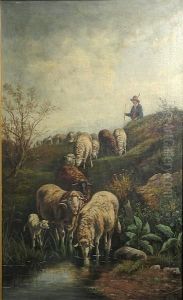 A Shepherd With His Flock At Water's Edge A Shepherd With His Flock At Water's Edge