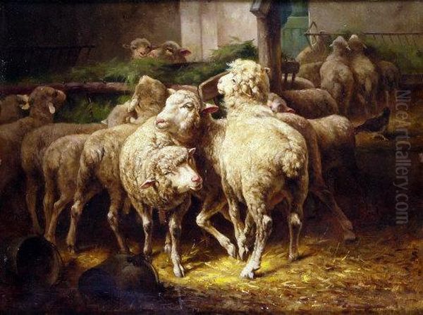 Feeding Time, Barn Interior With Sheep - view 1
