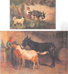 Pastorella Con Cane E Asinello - Interno Di Stalla Con Pastorella Caprette E Asinello by Antonio Milone