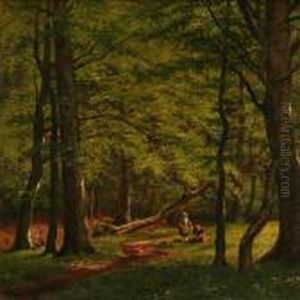 Forest Scene With Two Girls Picking Flowers by Carl Milton Jensen