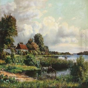 Danish Summer Landscape With House At A Lake And Young Man Watering The Horses
