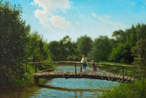 Children Fishing By The Stream A Summer's Day by Carl Milton Jensen